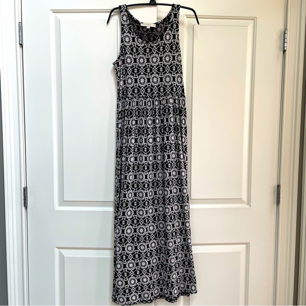 Loft Batik Tribal Tank Black Ivory Popover Soft Maxi Dress Casual Summer Travel